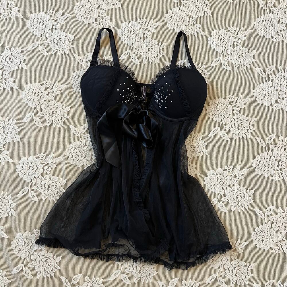 Y2K Sexy Little Things Rhinestone Babydoll Lingerie 34D
